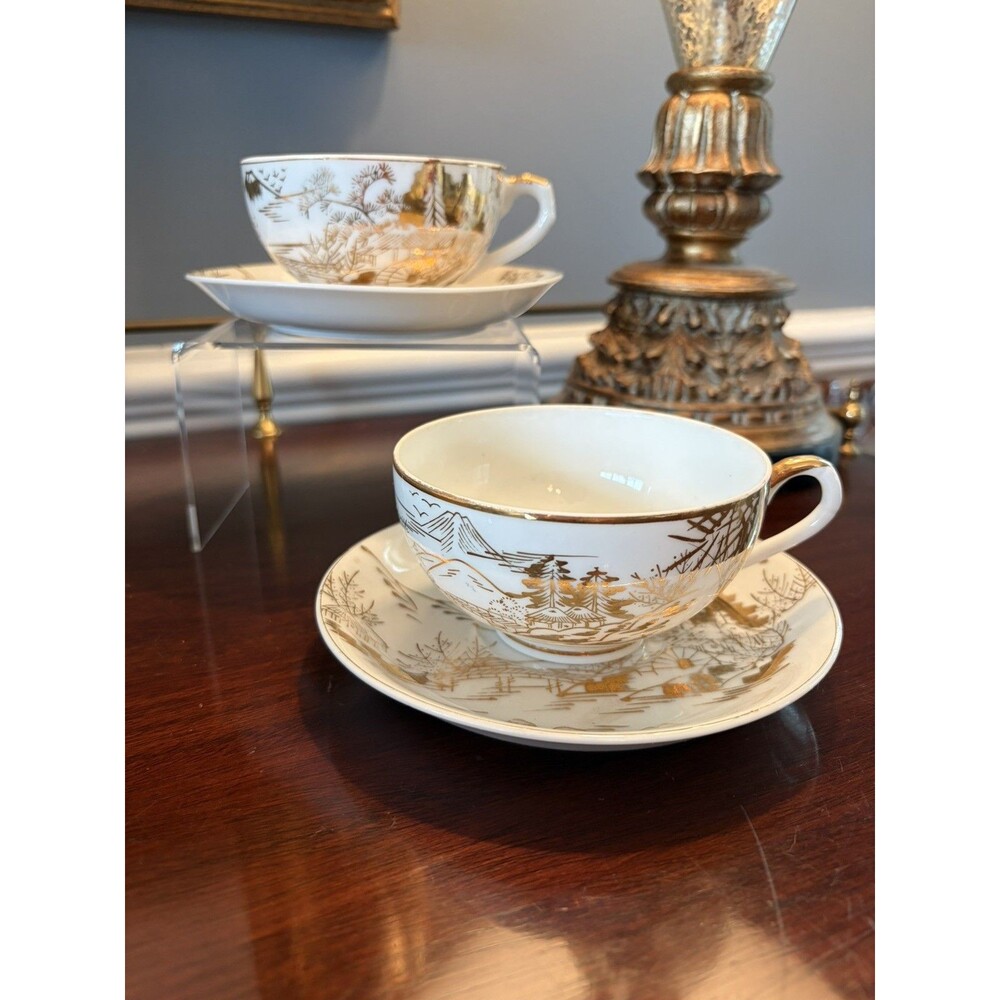 Vintage Japanese Lithopane Tea Cup and Saucer Sets Mt. Fuji 24 k Gold Geisha